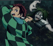 tanjiro fighting a demon with his hatchet